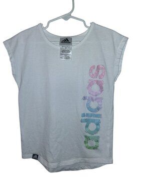 Adidas Girls Size 6 White Rainbow Logo Graphic Short Sleeve T-Shirt Athletic Tee